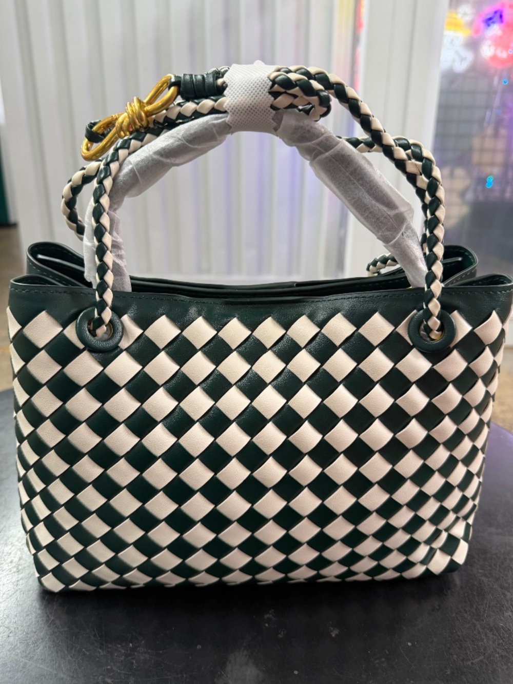 Green and White Woven Shoulder Bag with Braided Shoulder Strap